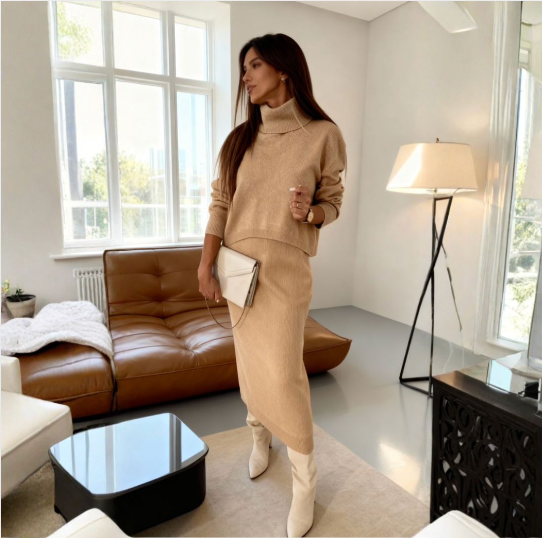 Amélie elegante tweedelige set met coltrui en lange rok
