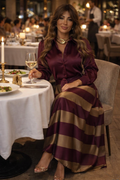Rosaline elegante maxi jurk met gestreepte rok en taillelint