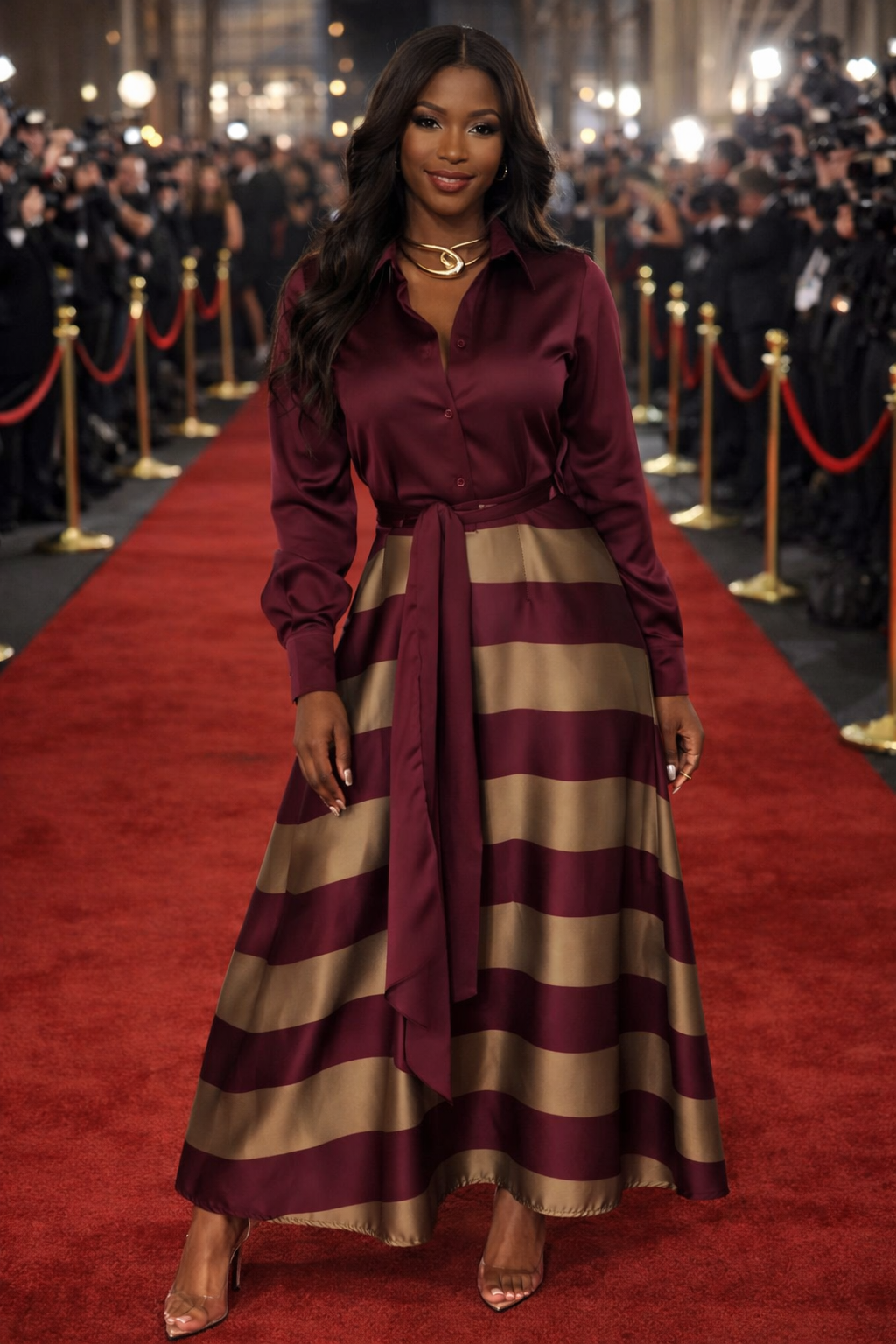 Rosaline elegante maxi jurk met gestreepte rok en taillelint – foto 2 van 11