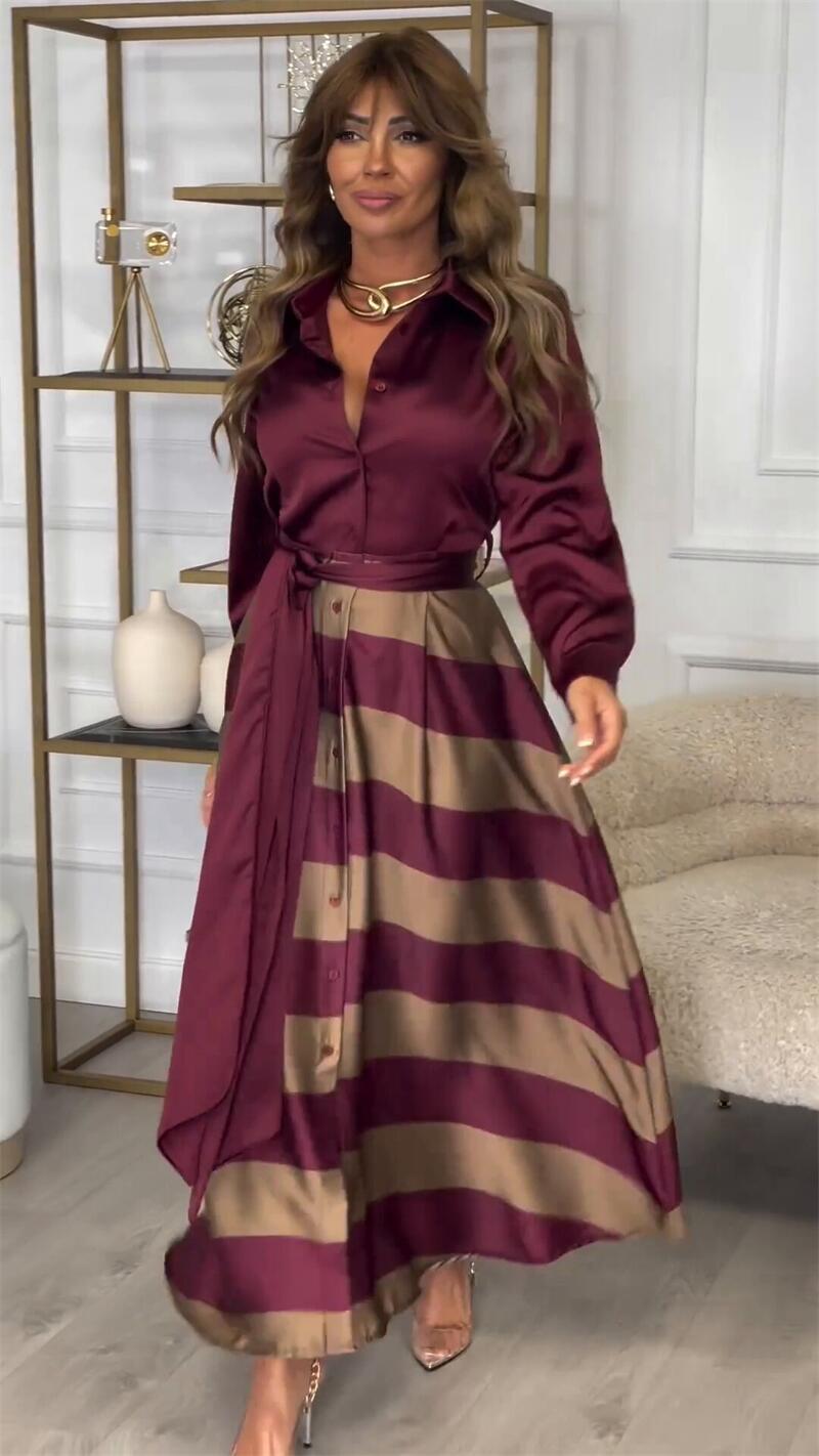 Rosaline elegante maxi jurk met gestreepte rok en taillelint – foto 3 van 11