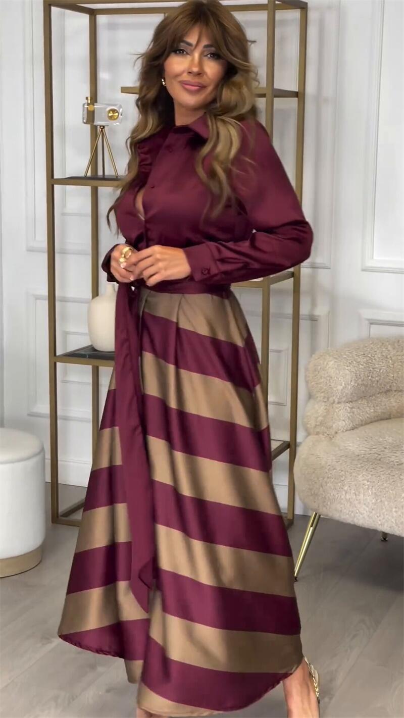 Rosaline elegante maxi jurk met gestreepte rok en taillelint – foto 4 van 11