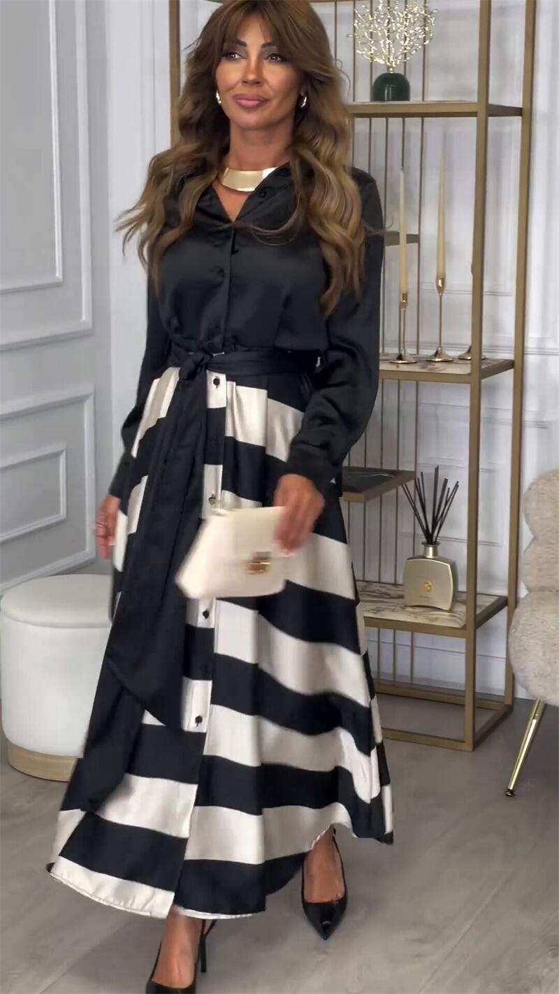 Rosaline elegante maxi jurk met gestreepte rok en taillelint – foto 6 van 11