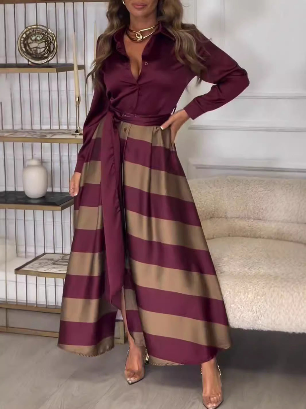 Rosaline elegante maxi jurk met gestreepte rok en taillelint – foto 5 van 11